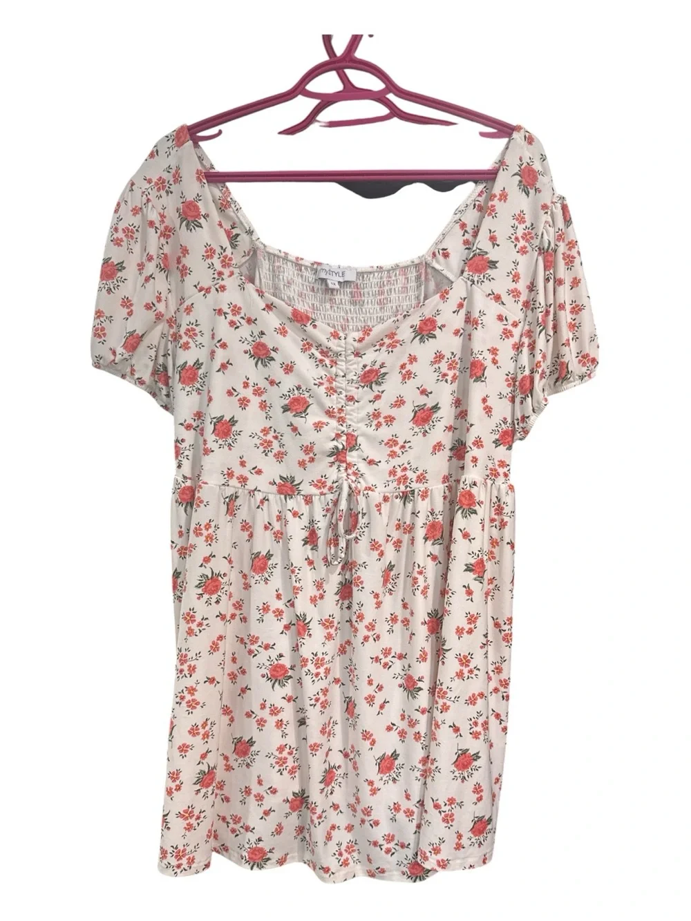 mySTYLE Floral Smocked Babydoll Dress – Women’s 1X – Cream Pink Floral - Picture 4 of 5